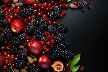 Apples, blackberries, red currants and seeds on a black background, summers texture from fruits with copy space, healthy vitamins in summer fruits.の素材