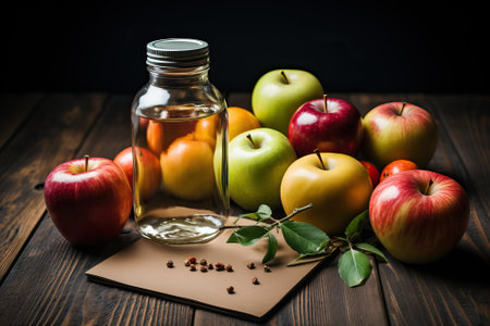 Apples on a wooden background with a blank sheet of paper and a can of juice, top view, sweet and vitamin apples, apple diet concept.の素材