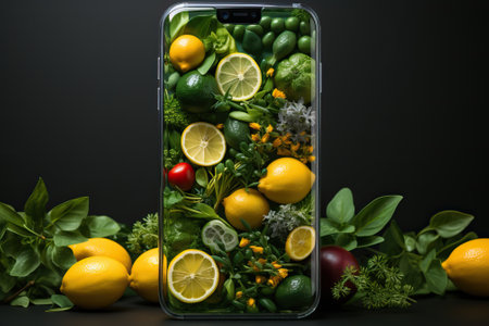 Smartphone fresh food, online food shopping app, fruit diet concept with phone.の素材