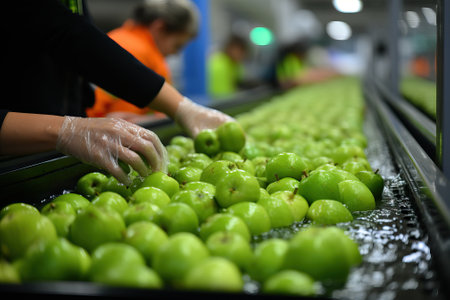 The process of making apple juice at the enterprise, washed green apples. Juice production line at the factory.の素材