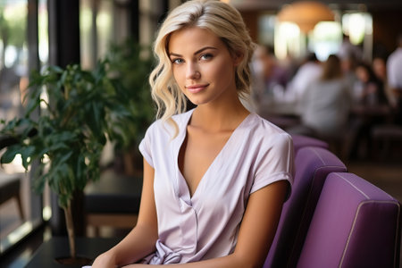 Woman in bathrobe in spa salon, sitting on sofa and relaxing, beautiful young girl having spa treatments.の素材
