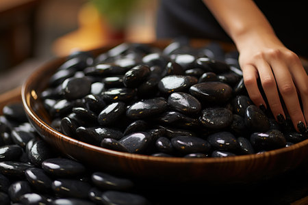 Woman stacks black massage stones in spa salon, black massage stones close-up in large wooden bowl.の素材