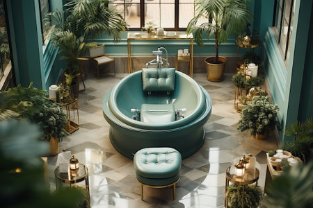 A luxurious green spa salon with a massage chair and a bathtub, a spa salon landscaped with flower pots.の素材