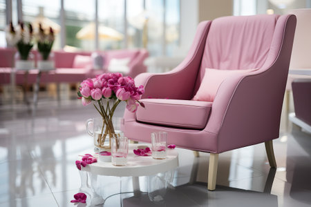 A pink soft chair and a coffee table at the reception in the salon.の素材