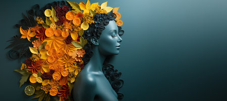 Abstract contemporary art portrait of a young girl with a wreath of citrus fruits and leaves on her head, creative images for a girl. Maternal psychological balance after childbirth.の素材