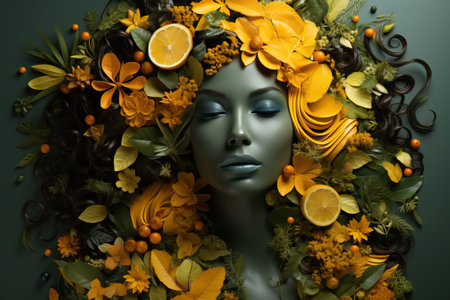 Abstract contemporary art portrait of a young girl with a wreath of citrus fruits and leaves on her head, creative images for a girl. Internal harmony and balance of the female personality.の素材