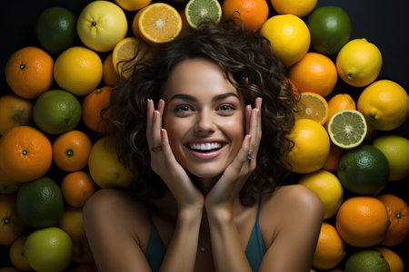 Portrait of a young girl with a wreath of citrus fruits and leaves on her head, creative images for a girl. Self care and mental health awareness. Maternal psychological balance after childbirth.の素材