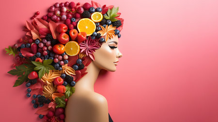Portrait of a girl whose hair is covered with fruits and leaves, side view of the girl on a pink background. Internal harmony and balance of the female personality.の素材