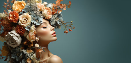 Creative portrait of a girl with a big wreath of flowers on her head, close-up portrait and side view of the girl. Surreal fashion style concept.の素材