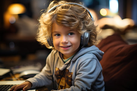 Portrait of a little gamer boy on a bokeh background.の素材