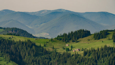 Picturesque views of the Carpathians and the village, wallpapers on the theme of mountains and the village, a journey through the mountains.の写真素材