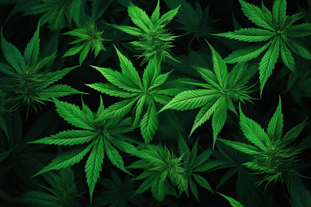 Marijuana leaves on a black background, a background of marijuana, a prohibited drug plant.の素材