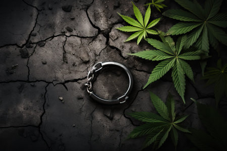 Marijuana leaf on black and cracked burnt ground, police marijuana motif. The concept of breaking the law when using the marijuana herb.の素材