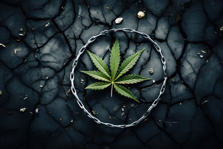 Marijuana leaf on black and cracked burnt ground, police marijuana motif. The concept of breaking the law when using the marijuana herb.の素材