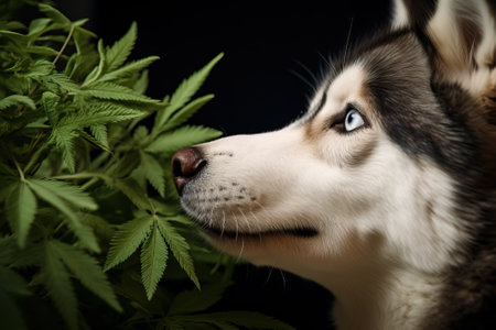 Siberian husky sniffs leaves from marijuana bushes, plant and dog.の素材