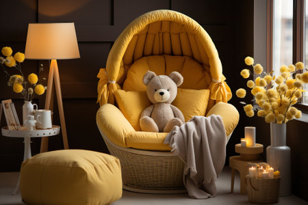 A stylish and cozy children's room, a soft big bear in a big soft chair, a window on the side.の素材
