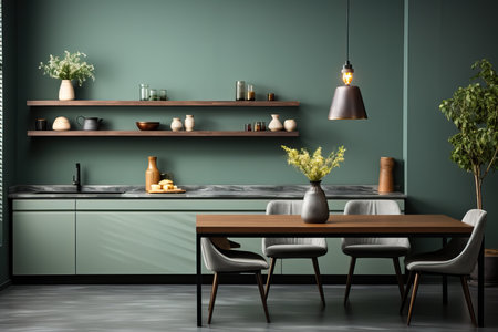 Kitchen-living room or studio kitchen in olive color, a popular kitchen color, popular olive color for the kitchen.の素材