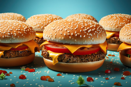 A set of hamburgers on a blue background, a banner for advertising burgers.の素材