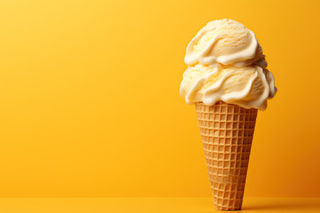 Vanilla ice cream in a waffle cup, a large serving of ice cream on a yellow background.の素材