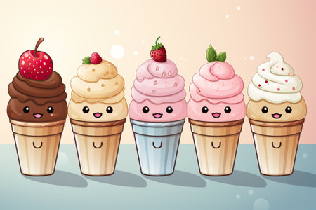 cartoon multi-colored cones with ice cream on a blue background, ice cream of different flavors.の素材