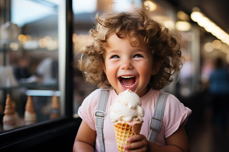 A smiling girl holds an ice cream in her hands, a child eats an ice cream in a cafe.の素材