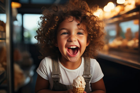 A smiling girl holds an ice cream in her hands, a child eats an ice cream in a cafe.の素材