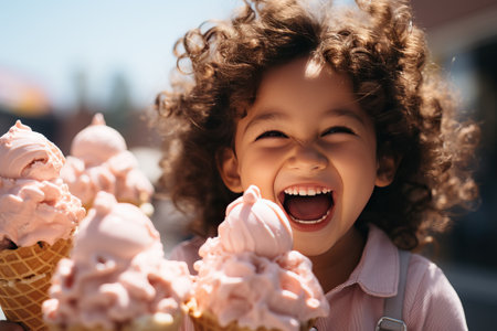 Little smiling curly girl holding a big ice cream cone in her hands, child with ice cream.の素材