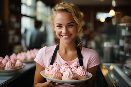 A smiling waitress in a cafe holds a tray with ice cream in her hands, an ice cream shop.の素材