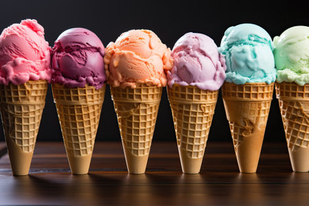 A set of ice cream cones of different flavors in one order, ice cream in a waffle cup.の素材