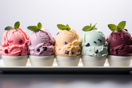 Glasses with various ice creams on a white background, ice cream with mint leaves.の素材