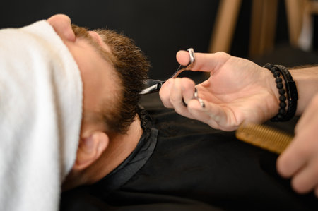 A barber stylist trims the beard of a Caucasian man, whose face is covered with a towel, with scissorsの写真素材