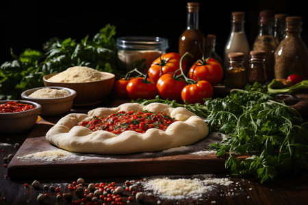Pizza art, making process, raw pizza dough with ingredients and spices on the table, black background and pizza with ingredients.の素材