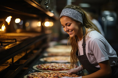 The pizzaiola girl prepares pizza for baking, cooking pizza in a pizzeria. A worker in an apron bakes a pizza in a bakery with mass production.の素材