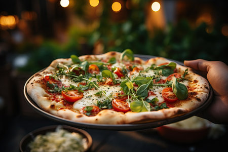 Defocus of a woman's hand holding a piece of Italian pizza Tortilla with grated mozzarella, Pizza with tomatoes, basil and cheese close-up, pizza on a wooden tray.の素材