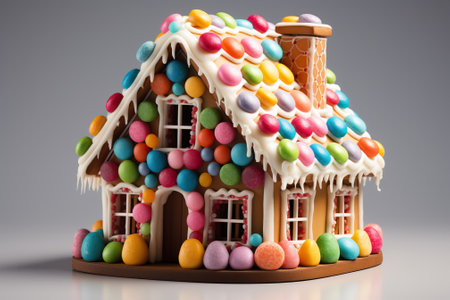 Gingerbread house decorated with sweets close-up on a gray background.の素材