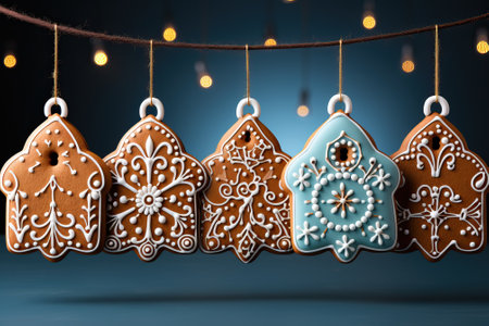 Christmas gingerbread houses in the shape of a house and different colors of fondant with a white pattern on a dark blue background.の素材