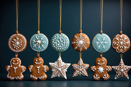 Colored Christmas gingerbread with a white pattern and different shapes.の素材