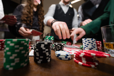 First-person observation of card poker from various close-up angles. A team of young boys and girls...