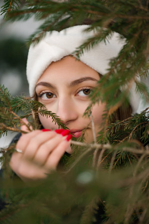 Winter portrait of a girl looking through spruce branches, close up portrait.の写真素材
