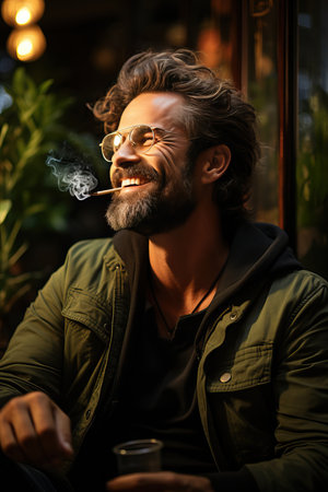 A man sits at a table and smokes a cannabis cigarette, weed inhaling, a happy and smiling man.の素材