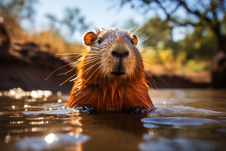 close up of swim in water, beaver bathing.の素材