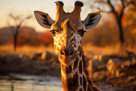 Close-up of the head of a giraffe, a wild animal in the savannah.の素材