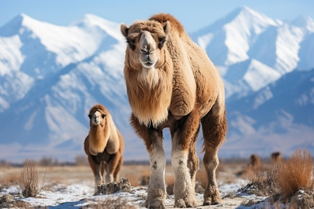 A camel in the snow on the background of snow-capped mountains, a camel with long wool.の素材