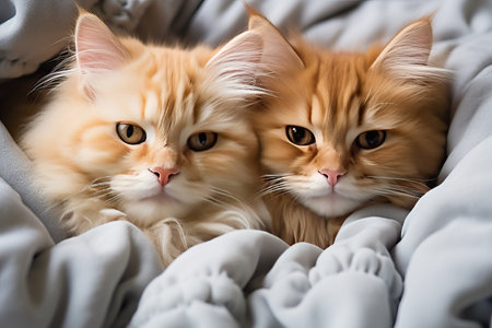 Cute little red kittens sleeping on a blanket, fluffy pets, Cats rest napping on bed have sweet dreams.の素材