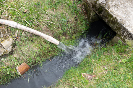 Water flows into the ditch from the hose, water under pressure flows from the hose.