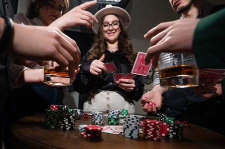 First-person observation of card poker from various close-up angles. A team of young boys and girls...
