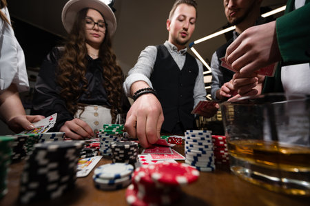 First-person observation of card poker from various close-up angles. A team of young boys and girls play poker.の写真素材