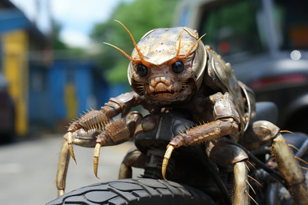 A giant miracle alien insect on a motorcycle, intelligent insects with giant minds.の写真素材