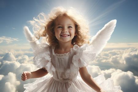 An angel in a blue sky with white fluffy clouds, a beautiful image of an angel in the sky.の写真素材