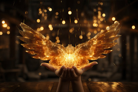 Beautiful little wings like a lamp glow with a warm yellow light in a dark room like a nightlight.の写真素材